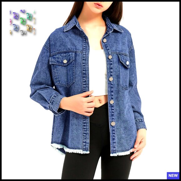 Oversized Denim Jacket Frayed Hem Lapel Pockets Lightweight Casual Shacket